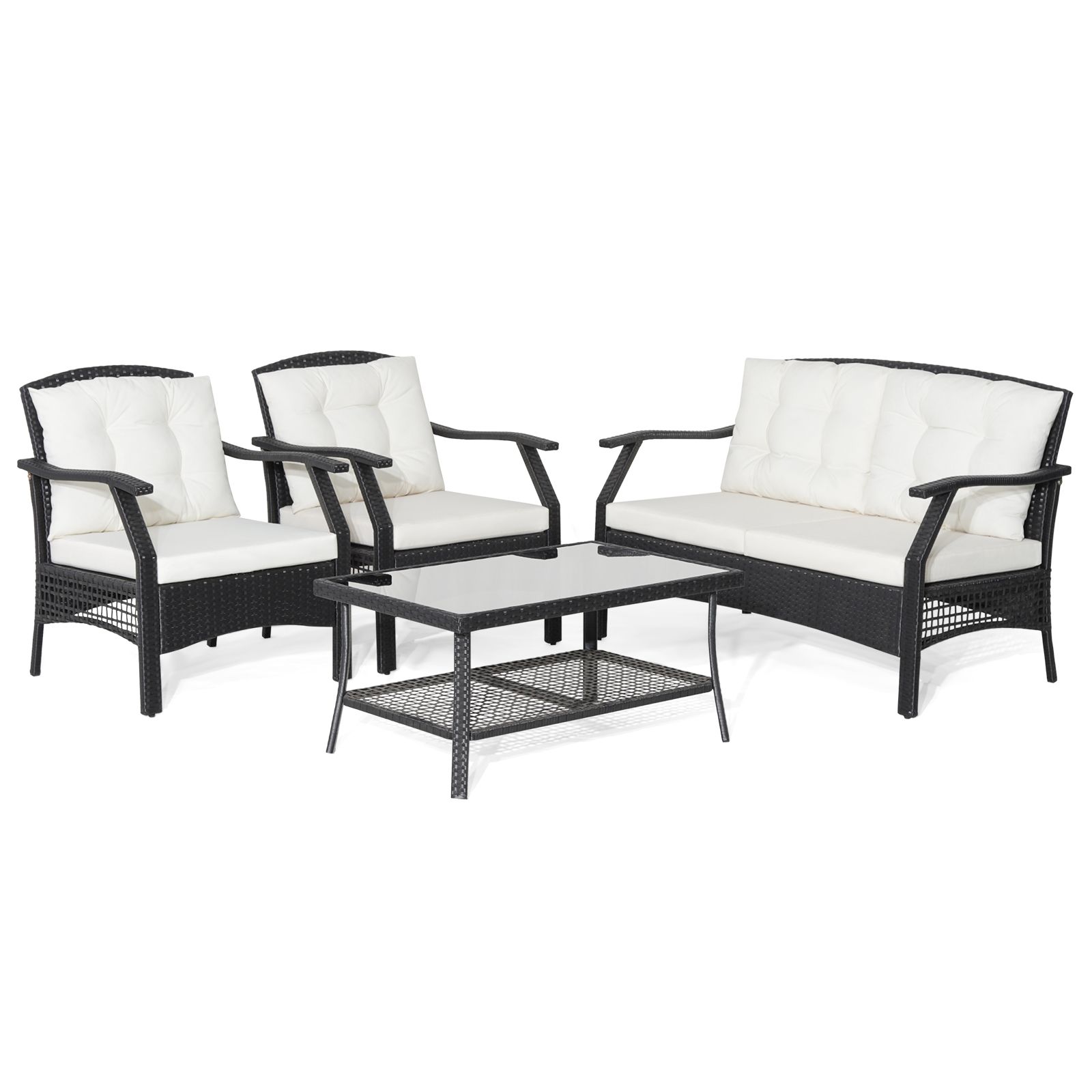 4 Pieces Patio Rattan Conversation Set with Coffee Table and Cushions